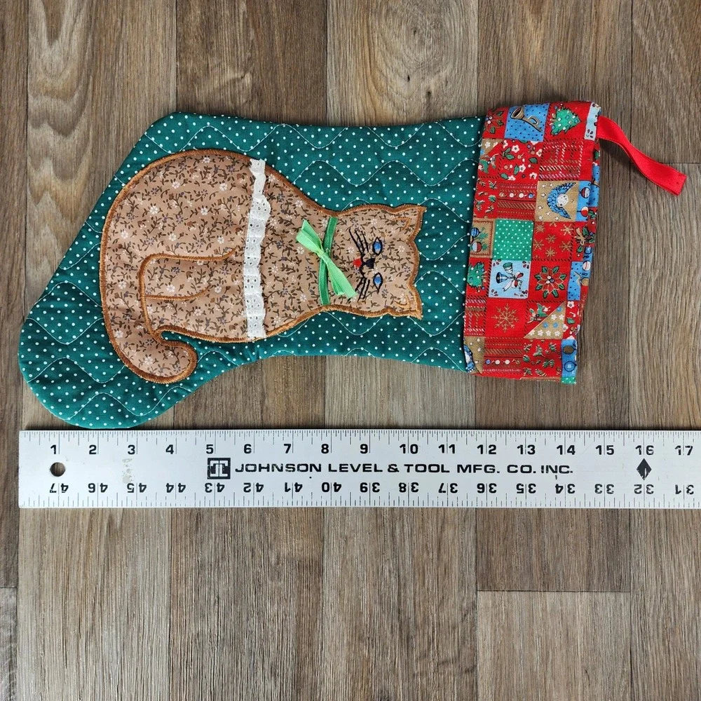 Handmade Quilted Christmas Stocking Calico Cat Applique Teal Green Patchwork 15